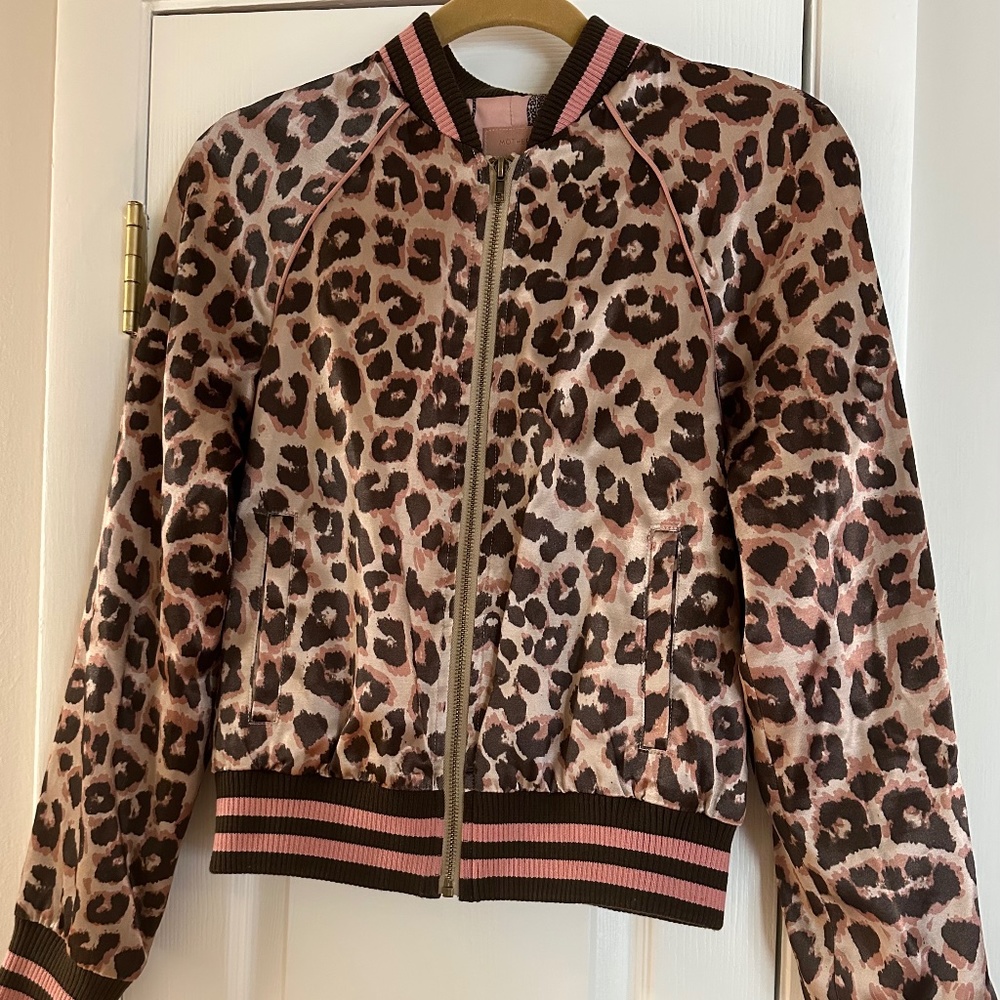 MOTHER Letterman Leopard Satin Bomber Jacket